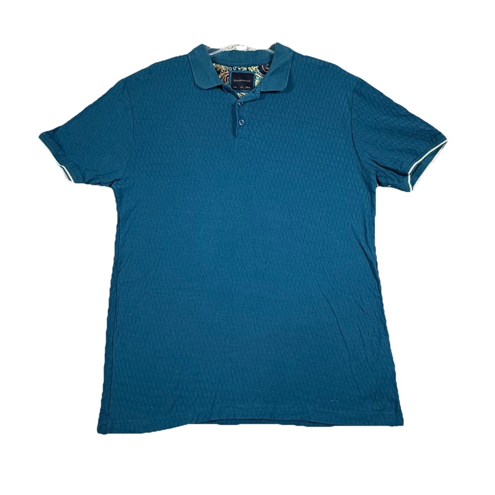 Stitches & Rivets Mens Shirt L Regular Fit Short Sleeve aqua embroided geometric